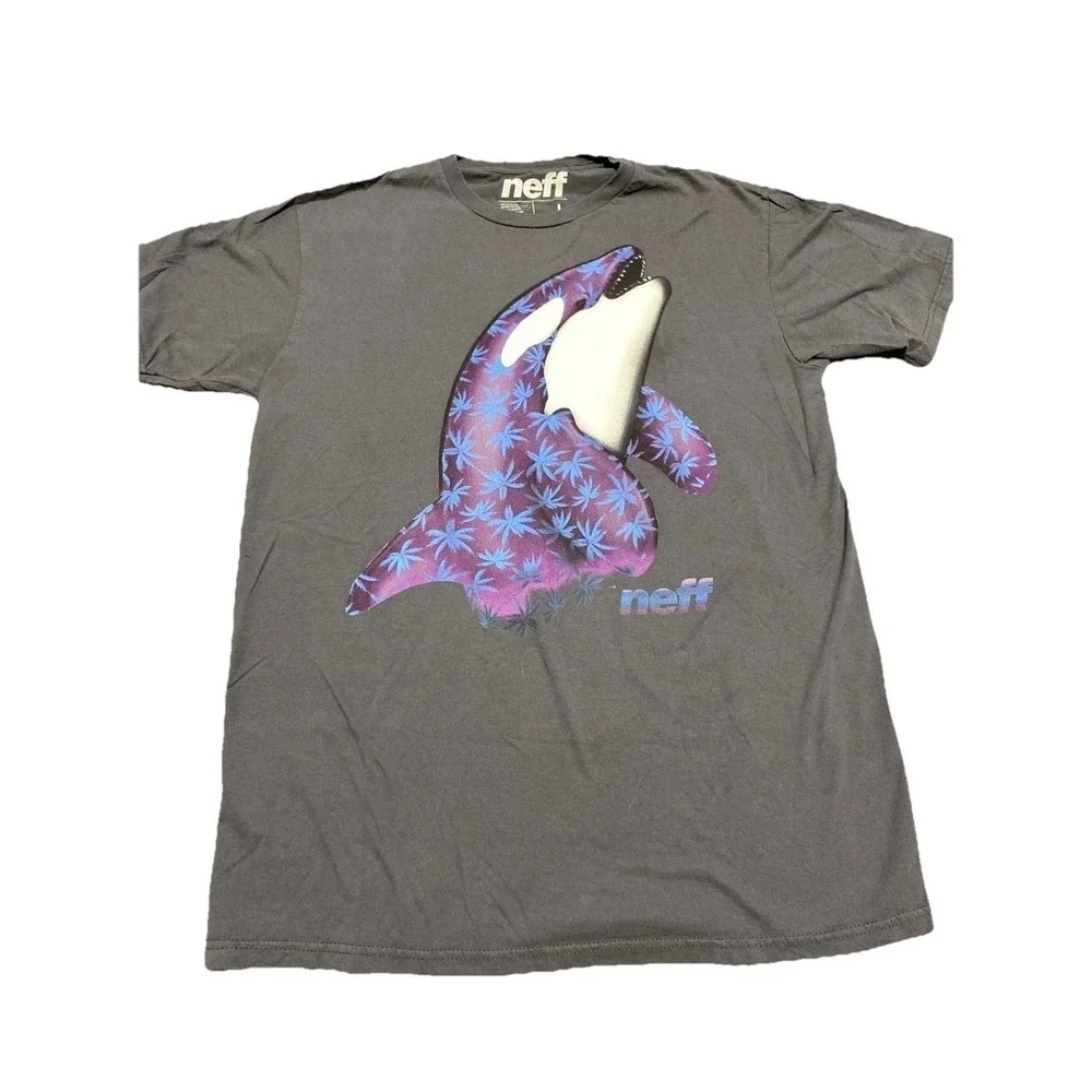 Neff Men's Killer Whale Large Crew Neck T-Shirt Charcoal Hipster Y2k